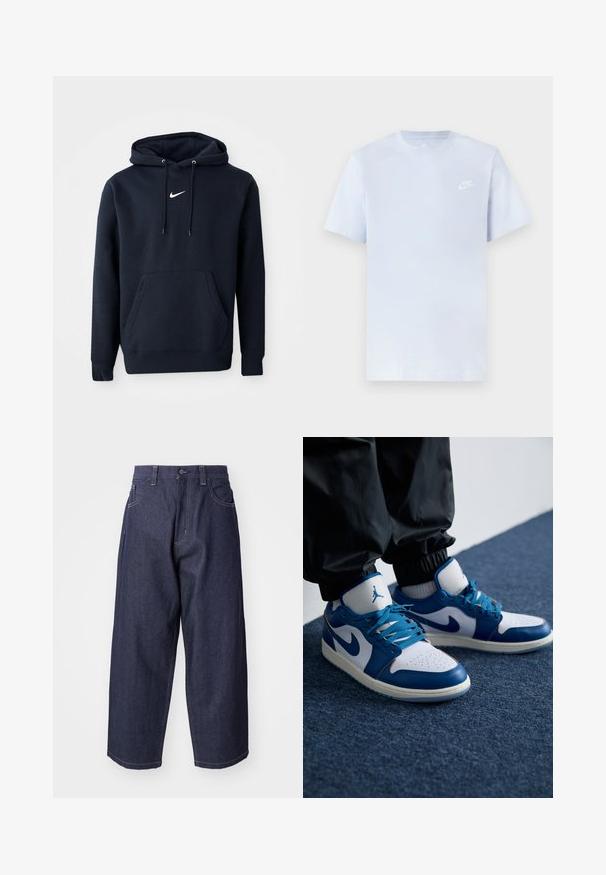 Navyblaue Kapuzenjacke aus einem Baumwollmischgewebe, ausgestattet mit einer Kängurutasche, verstellbarem Kordelzug an der Kapuze und einem weißen Nike-Logo auf der Brust.; Hellblaue Baumwoll-T-Shirt mit kurzen Ärmeln, Rundhalsausschnitt und einem weißen Nike-Logo, das auf der linken Brust gedruckt ist. Glatte Textur, schlichtes Design.; Dunkelblaue Denim-Jeans mit einem lockeren, weiten Schnitt. Zu den Merkmalen gehören ein Knopfverschluss, Fronttaschen und sichtbare Nähte.; Die Nike Air Jordan Sneakers verfügen über eine weiße Lederbasis mit blauen synthetischen Akzenten, einer perforierten Zehenbox und blauen Schnürsenkeln.