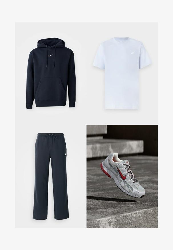Navy blå hoodie lavet af en bomuldsblanding, med en kængurulomme, snørehuv og et hvidt Nike-logo på brystet.; Lyseblå bomulds t-shirt med korte ærmer, rund hals og et hvidt Nike-logo trykt på venstre bryst. Glat tekstur, simpelt design.; Mørkeblå sweatpants med elastisk talje og snoretræk. Lavet af blødt stof og med et lille hvidt logo på venstre hofte.; Hvid og grå Nike løbesko med røde accenter og sorte snørebånd, ophængt over grå beton-trin.