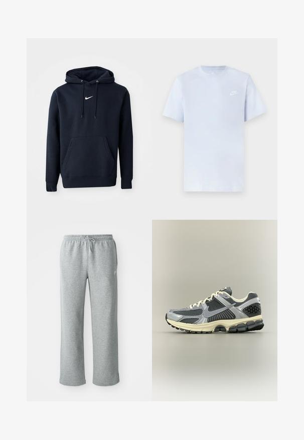 Námořnická modrá mikina s kapucí vyrobená z bavlněné směsi, obsahující klokaní kapsu, šňůrkovou kapuci a bílé logo Nike na hrudi.; Svetlomodré bavlnené tričko s krátkymi rukávmi, okrúhlym výstrihom a bielym logom Nike potlačeným na ľavej hrudi. Hladká textúra, jednoduchý dizajn.; Šedé bavlnené tepláky s elastickým pásom, sťahovacou šnúrkou a rovnými nohavicami. Obsahuje malé logo v hornej ľavej časti.; Sivo-čierna bežecká obuv Nike s bielymi šnúrkami a béžovou podrážkou, zobrazená z boku na neutrálnom pozadí.