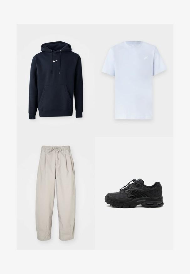 Sudadera azul marino hecha de una mezcla de algodón, con un bolsillo tipo canguro, capucha con cordón y un logo blanco de Nike en el pecho.; Camiseta de algodón de color azul claro con mangas cortas, cuello redondo y un logo blanco de Nike impreso en el pecho izquierdo. Textura suave, diseño sencillo.; Pantalones ligeros color beige con cintura elástica y cordón de ajuste. Presentan pliegues y un corte holgado, elaborados con una tela suave y lisa.; Zapatilla deportiva negra con tejido texturizado, suela gruesa y acolchada, ventilaciones y cierre con cordones, mostrada de lado sobre un fondo claro.