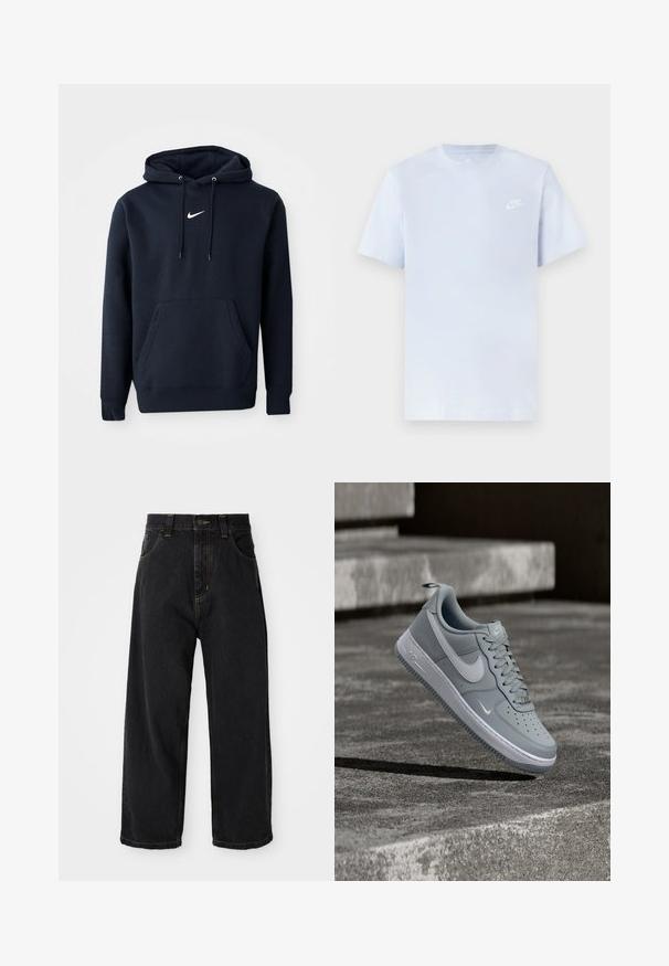 Navyblaue Kapuzenjacke aus einem Baumwollmischgewebe, ausgestattet mit einer Kängurutasche, verstellbarem Kordelzug an der Kapuze und einem weißen Nike-Logo auf der Brust.; Hellblaue Baumwoll-T-Shirt mit kurzen Ärmeln, Rundhalsausschnitt und einem weißen Nike-Logo, das auf der linken Brust gedruckt ist. Glatte Textur, schlichtes Design.; Schwarze, weit geschnittene Jeans mit hoher Taille, vorderem Knopf, Reißverschluss und gelben Nähten an Taschen und Nähten.; Grauer Nike Air Force 1 Sneaker mit weißem Swoosh-Logo, schwebt über einer strukturierten Betonoberfläche mit Treppen im Hintergrund.