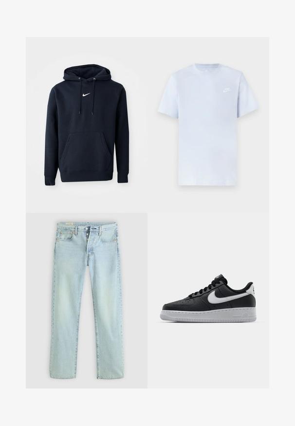 Sudadera azul marino hecha de una mezcla de algodón, con un bolsillo tipo canguro, capucha con cordón y un logo blanco de Nike en el pecho.; Camiseta de algodón de color azul claro con mangas cortas, cuello redondo y un logo blanco de Nike impreso en el pecho izquierdo. Textura suave, diseño sencillo.; Jeans de mezclilla de un azul claro con corte recto, cinco bolsillos, cierre de botones y un leve desvanecimiento. Presenta detalles de costura y remaches de cobre.; Zapatilla negra de cuero con superficie texturizada, logo de Nike en blanco, suela gris, puntera redonda y diseño de encaje. Presenta perforaciones en la puntera.