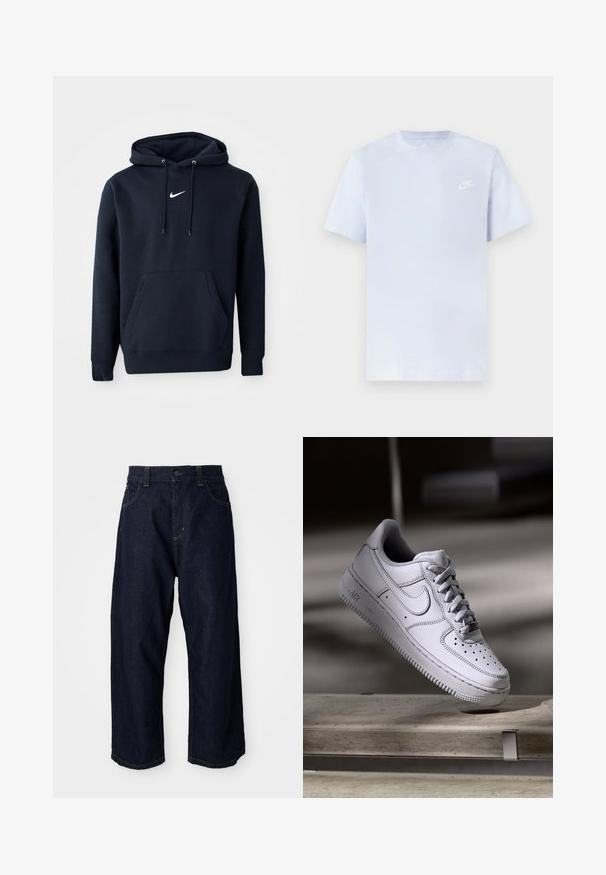 Navy blauwe hoodie gemaakt van een katoenmix, met een kangoeroezak, een verstelbare capuchon en een wit Nike-logo op de borst.; Lichtblauwe katoenen t-shirt met korte mouwen, ronde hals en een wit Nike-logo gedrukt op de linkerborst. Glad textuur, eenvoudig ontwerp.; Donkerblauwe denim broek met een comfortabele pasvorm, voorzien van een knoopsluiting, riemlussen en gele stiksels op de zakken en naden.; Witte Nike Air Force 1 sneaker van leer met geperforeerde neus, platte veters en een gestructureerde rubberen zool met "AIR"-logo aan de zijkant.
