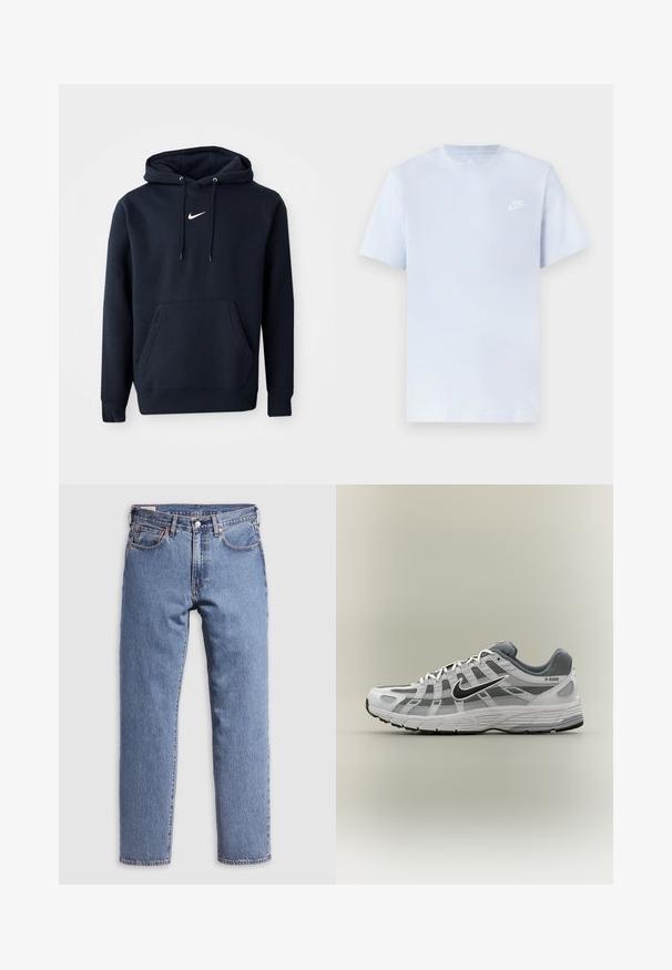 Námořnická modrá mikina s kapucí vyrobená z bavlněné směsi, obsahující klokaní kapsu, šňůrkovou kapuci a bílé logo Nike na hrudi.; Svetlomodré bavlnené tričko s krátkymi rukávmi, okrúhlym výstrihom a bielym logom Nike potlačeným na ľavej hrudi. Hladká textúra, jednoduchý dizajn.; Modré rovné džínsy z denimu s predným gombíkom a zipsom, pútkami na opasok a klasickým päťvreckovým strihom na svetlošedom pozadí.; Biela a sivá teniska Nike P-6000 s čiernym logom, sieťovinovými panelmi a štruktúrovanou podrážkou, zobrazená v bočnom profile na neutrálnom pozadí.