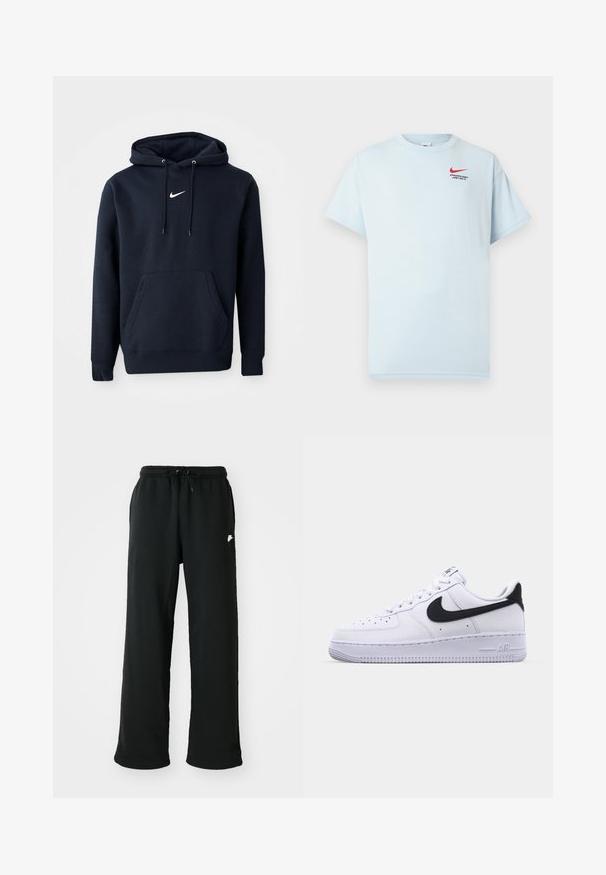 Námořnická modrá mikina s kapucí vyrobená z bavlněné směsi, obsahující klokaní kapsu, šňůrkovou kapuci a bílé logo Nike na hrudi.; Svietlo modré bavlnené tričko s krátkymi rukávmi, okrúhlym výstrihom a červeným logom Nike swoosh. Text uvádza "ATLETICKÉ ODD. LEN TO UROB."; Čierne tepláky vyrobené z mäkkej tkaniny, s elastickým pásom a nastaviteľnou šnúrkou, a malým logom na boku.; Biele kožené tenisky s textúrovaným čiernym Swooshom, plochými šnúrkami a gumovou podrážkou s ryhovaným vzorom. Na päte je embosovaný nápis "AIR".
