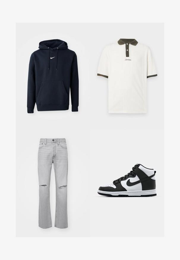 Navy sininen huppari, joka on valmistettu puuvillasekoitteesta. Siinä on kenguru-tasku, nyörihuppu ja valkoinen Nike-logo rinnassa.; Valkoinen poolopaita, jossa on tummanvihreä kaulus. Päällä on neulottu kuviointi ja kolmen napin kiinnitys. "Samsoe"-logo on kirjailtu ruskeana paidan etuosaan.; Harmaat farkut suoran leikkauksen kanssa, joissa on kaksi polvivaurioa, klassinen viiden taskun malli sekä vetoketjukiinnitys nappisuljennalla.; Mustavalkoinen korkeavartinen lenkkari, jossa on nahkainen päällinen, reikäkärkikuvio, merkittävä swoosh-logo ja teksturoitu kumipohja.