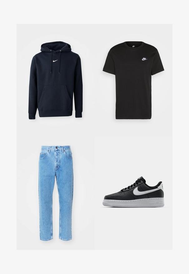 Navyblaue Kapuzenjacke aus einem Baumwollmischgewebe, ausgestattet mit einer Kängurutasche, verstellbarem Kordelzug an der Kapuze und einem weißen Nike-Logo auf der Brust.; Schwarzes Baumwoll-T-Shirt mit kurzen Ärmeln, Rundhals und kleinem weißem Nike-Logo auf der oberen linken Brust. Glatte Textur. Klassische Passform.; Hellblaue Denim-Jeans verfügen über ein gerades Bein-Design, fünf Taschen und einen klassischen Knopfverschluss am Bund.; Schwarze Ledersneaker mit strukturierten Oberflächen, weißem Nike-Swoosh, grauer Sohle, runder Zehenpartie und Schnürdesign. Verfügt über Perforationen an der Zehenbox.