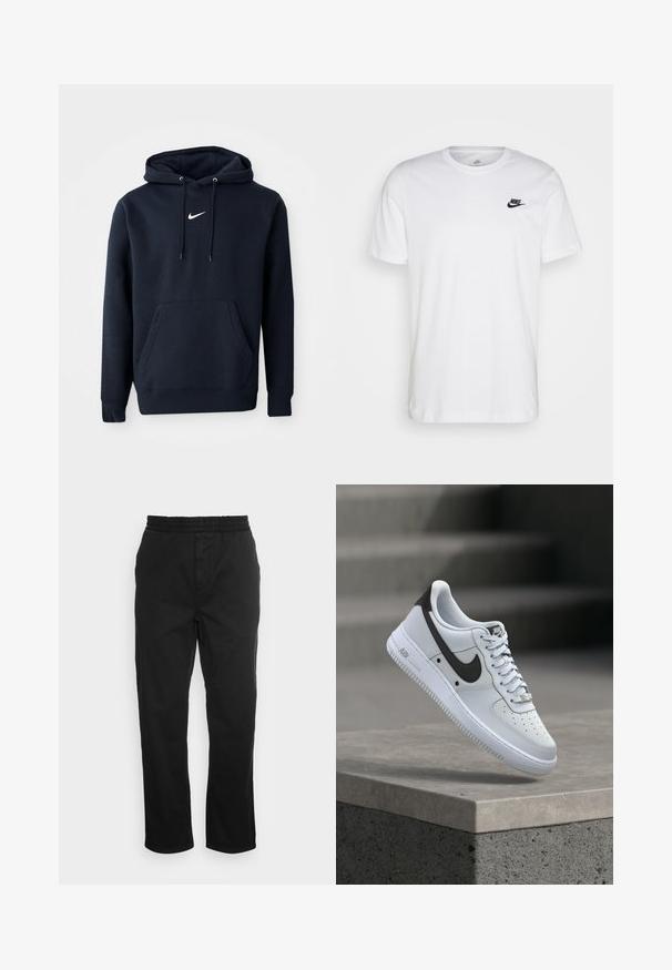Navy blauwe hoodie gemaakt van een katoenmix, met een kangoeroezak, een verstelbare capuchon en een wit Nike-logo op de borst.; Witte katoenen t-shirt met ronde hals, korte mouwen en een zwart Nike-logo op de linkerkant van de borst. Eenvoudig, effen kleur ontwerp.; Zwarte katoenen broeken met een elastische tailleband, rechte pijpen en zijzakken. Zachte textuur zonder patronen of accenten.; Witte Nike Air Force 1 sneaker met zwart swoosh-logo, zwevend boven een betonnen richel met vervaagde trappen op de achtergrond.
