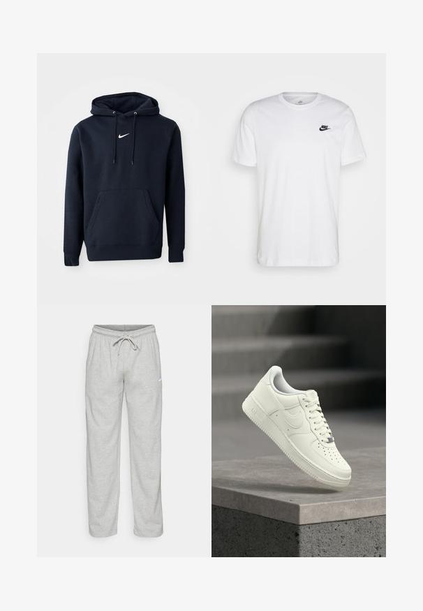 Sudadera azul marino hecha de una mezcla de algodón, con un bolsillo tipo canguro, capucha con cordón y un logo blanco de Nike en el pecho.; Camiseta de algodón blanca con cuello redondo, mangas cortas y un logo negro de Nike en el lado izquierdo del pecho. Diseño simple en un color sólido.; Pantalones de chándal gris claro hechos de una tela suave. Cuentan con una cintura elástica con cordón y el logo de Nike en negro en el muslo izquierdo.; Zapatilla deportiva de cuero blanco con diseño de perfil bajo, superficie texturizada, perforaciones en la punta y detalles plateados en los cordones y la marca.