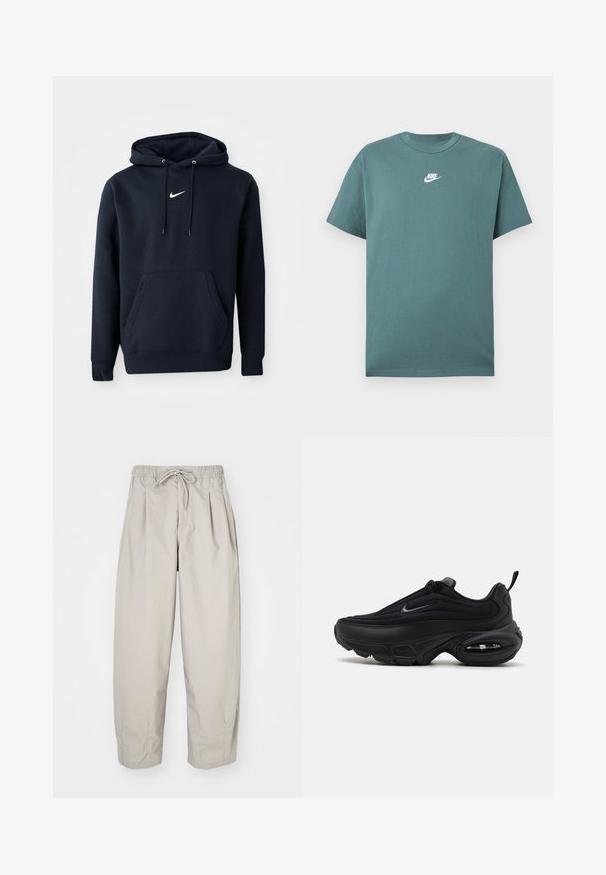 Sudadera azul marino hecha de una mezcla de algodón, con un bolsillo tipo canguro, capucha con cordón y un logo blanco de Nike en el pecho.; Camiseta verde de manga corta de Nike con logo blanco centrado en el pecho, cuello redondo y ajuste relajado.; Pantalones ligeros color beige con cintura elástica y cordón de ajuste. Presentan pliegues y un corte holgado, elaborados con una tela suave y lisa.; Zapatilla deportiva negra con un upper suave y texturizado. Presenta una puntera redonda, un collar acolchado y una amortiguación de aire visible en la suela.