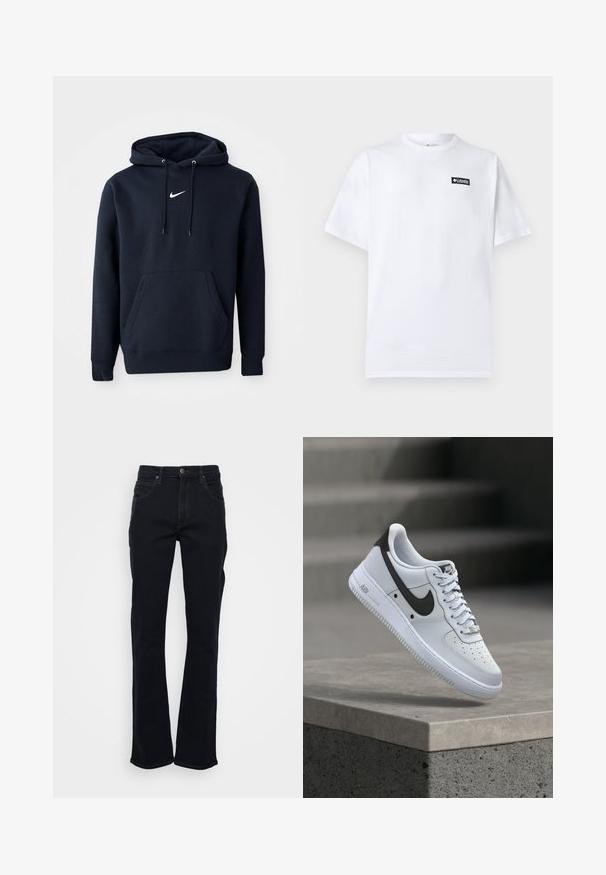Navy blå hoodie lavet af en bomuldsblanding, med en kængurulomme, snørehuv og et hvidt Nike-logo på brystet.; Hvid kortærmet bomulds-T-shirt med et lille sort-hvidt Columbia Sportswear-logo på venstre bryst.; Sorte jeans med lige ben, fem-lomme design, knap- og lynlås lukning samt synlige syninger på hvid baggrund.; Hvid Nike Air Force 1 sneaker med sort swoosh-logo, svævende over en betonforkant med slørede trapper i baggrunden.