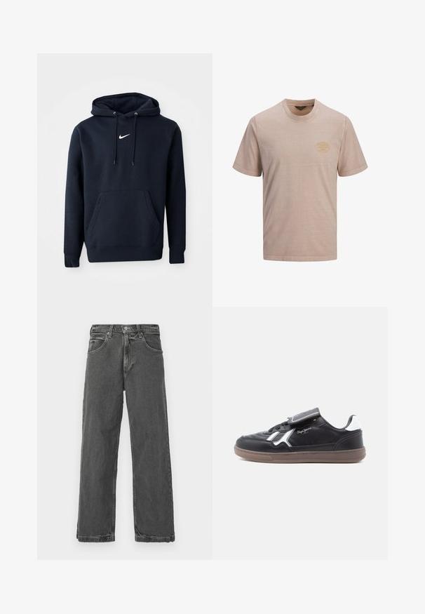 Navyblaue Kapuzenjacke aus einem Baumwollmischgewebe, ausgestattet mit einer Kängurutasche, verstellbarem Kordelzug an der Kapuze und einem weißen Nike-Logo auf der Brust.; Beiges T-Shirt mit kurzen Ärmeln und Rundhalsausschnitt mit einem kleinen runden gelben Logo auf der linken Brust, vor weißem Hintergrund dargestellt.; Graue Denim-Jeans mit geradem Schnitt, fünf Taschen und Knopfverschluss. Mit subtilen Verwaschungen und einer leicht abgenutzten Textur.; Schwarzer Ledersneaker mit weißen Akzenten, strukturierten Nähten und gepolsteter Zunge. Verfügt über eine Gummisohle und ein Schnürdesign.