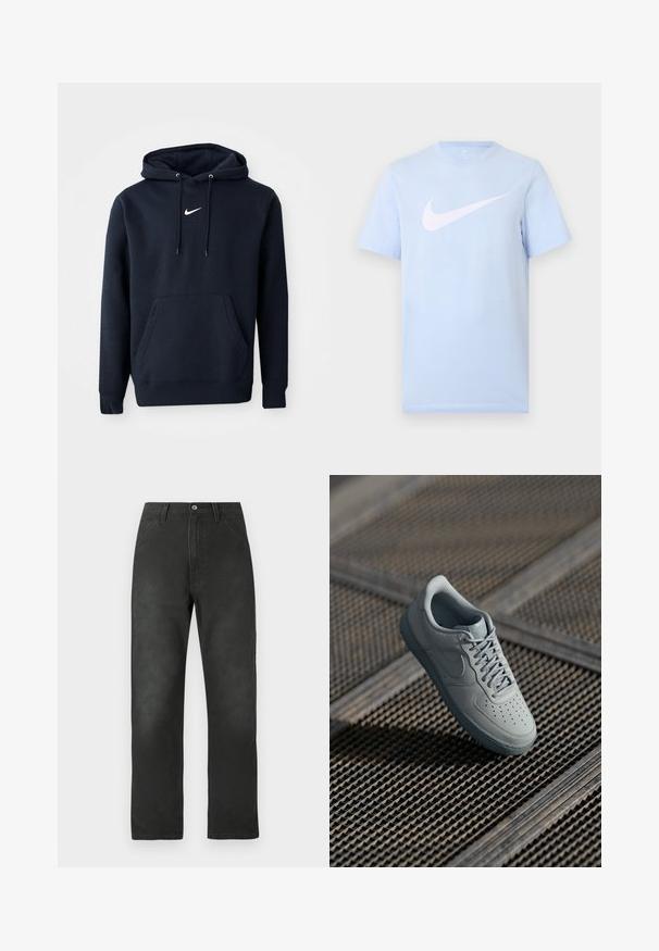 Navy blauwe hoodie gemaakt van een katoenmix, met een kangoeroezak, een verstelbare capuchon en een wit Nike-logo op de borst.; Lichtblauw T-shirt met korte mouwen en een groot wit Nike-swooshlogo gecentreerd op de voorkant tegen een effen achtergrond.; Zwarte katoenen canvasbroek met een rechte pijp, voorzakken en een knoopsluiting. Kenmerkt zich door subtiele textuur en stiksel details.; Grijze leren sneaker met geperforeerde neus, platte veters, gevoerde kraag en gestructureerde rubberen zool. Heeft een subtiele merkdetails.