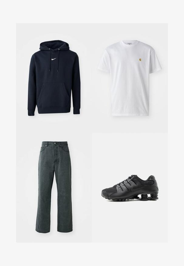 Navy blauwe hoodie gemaakt van een katoenmix, met een kangoeroezak, een verstelbare capuchon en een wit Nike-logo op de borst.; Witte katoenen t-shirt met korte mouwen en ronde hals, voorzien van een klein gouden logo op de linkerkant van de borst. Zachte textuur en een normale pasvorm.; Wijdvallende donkergrijze spijkerbroek van denim, met een hoge taille, vijf-pocket ontwerp en een subtiele versleten textuur.; zwarte hardloopschoen met gestructureerd bovenwerk, veterluiting en kenmerkende veerachtige zoolsteun zichtbaar op een witte achtergrond.