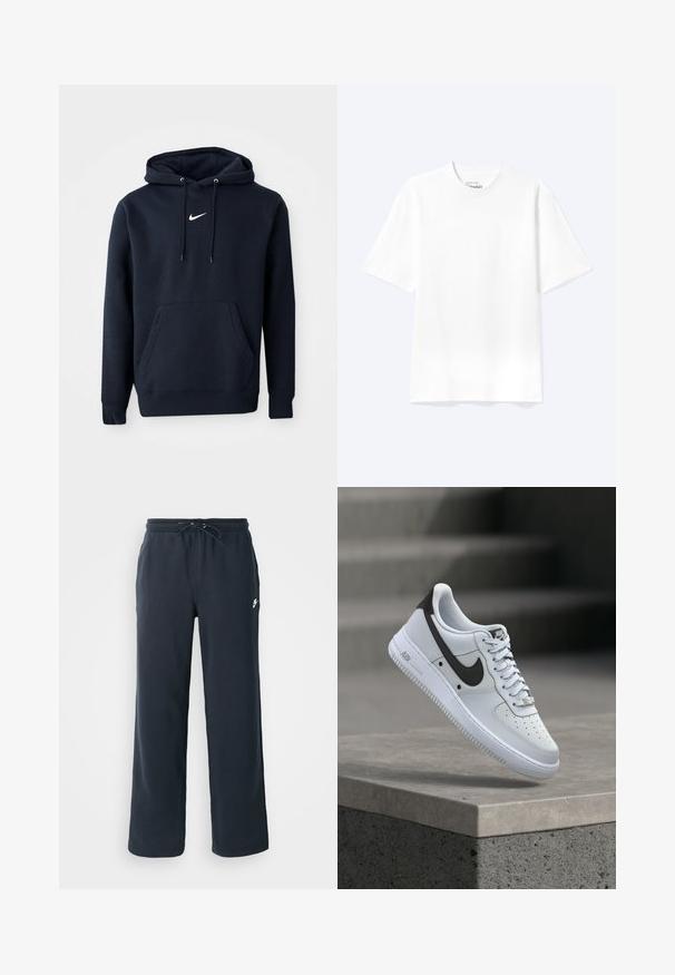 Námořnická modrá mikina s kapucí vyrobená z bavlněné směsi, obsahující klokaní kapsu, šňůrkovou kapuci a bílé logo Nike na hrudi.; Jednoduché biele tričko s krátkym rukávom a okrúhlym výstrihom v uvoľnenom strihu, zobrazené na svetlom pozadí.; Tmavomodré tepláky s elastickým pásom a šnúrkou. Vyrobené z mäkkej látky, s malým bielym logom na ľavom boku.; Biela teniska Nike Air Force 1 s čiernym logom Swoosh, vznášajúca sa nad betónovým okrajom s rozmazanými schodmi na pozadí.