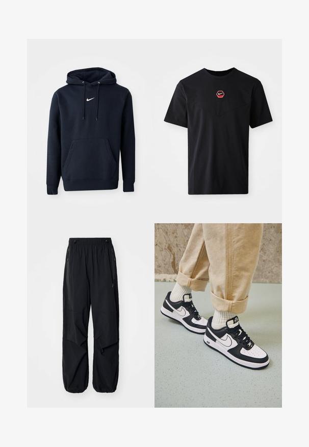 Sudadera azul marino hecha de una mezcla de algodón, con un bolsillo tipo canguro, capucha con cordón y un logo blanco de Nike en el pecho.; Camiseta negra de mangas cortas hecha de algodón, con un logo hexagonal de Nike en rojo y blanco en el pecho y un escote redondeado.; Pantalones cargo ligeros negros con cinturilla elástica, cremalleras laterales y bolsillos amplios. Presentan un corte holgado y puños ajustados.; Zapatillas Nike Air Force 1 en blanco y negro con parte superior de cuero, puntera perforada y detalle de suela texturizada, combinadas con pantalones beiges remangados y calcetines blancos.