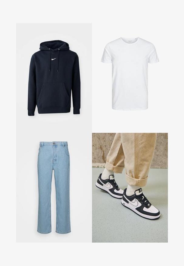 Navy blå hoodie lavet af en bomuldsblanding, med en kængurulomme, snørehuv og et hvidt Nike-logo på brystet.; Rundhals kortærmet t-shirt i ensfarvet hvid, lavet af blød bomuld, har et simpelt design uden synlige mønstre eller detaljer.; Lysblå denim jeans med lige ben design, der har knaplukning, bæltestropper og to forlommer.; Sorte og hvide Nike Air Force 1 sneakers med læderoverdel, perforeret tå og tekstureret såldetalje, båret med rullede beige bukser og hvide sokker.
