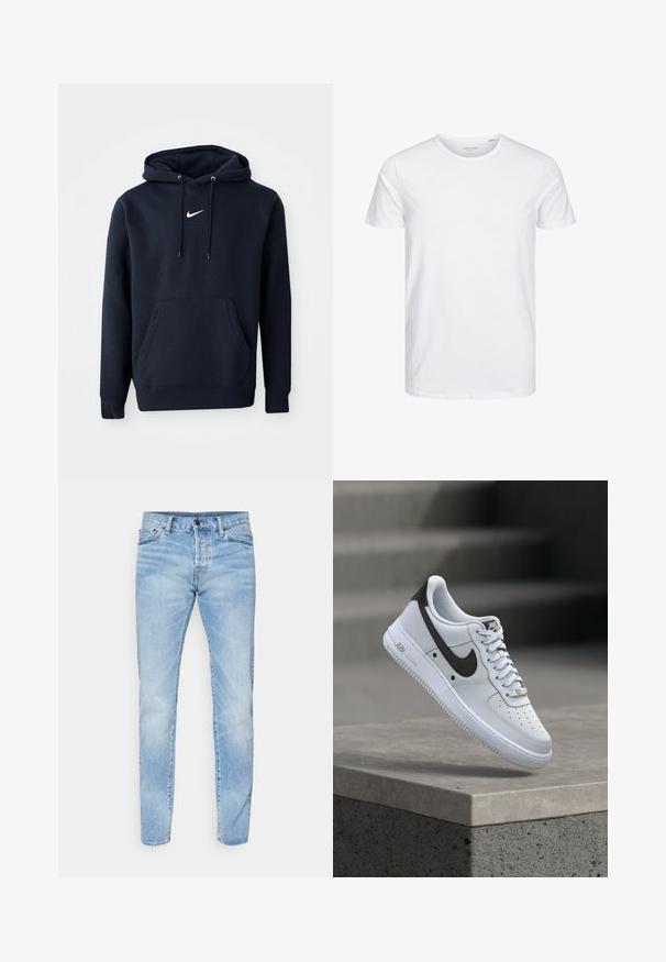 Námořnická modrá mikina s kapucí vyrobená z bavlněné směsi, obsahující klokaní kapsu, šňůrkovou kapuci a bílé logo Nike na hrudi.; Tričko s okrúhlym výstrihom a krátkym rukávom v čistej bielej farbe, vyrobené z jemnej bavlny, má jednoduchý dizajn bez viditeľných vzorov alebo akcentov.; Svetlomodré rifle z denimu so rovný strihom, dizajnom s piatimi vreckami a zapínaním na gombíky. Majú jemné vyblednutie a kontrastné šitie.; Biela teniska Nike Air Force 1 s čiernym logom Swoosh, vznášajúca sa nad betónovým okrajom s rozmazanými schodmi na pozadí.