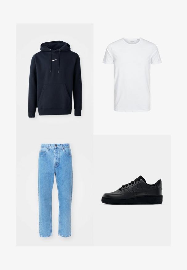 Námořnická modrá mikina s kapucí vyrobená z bavlněné směsi, obsahující klokaní kapsu, šňůrkovou kapuci a bílé logo Nike na hrudi.; Tričko s okrúhlym výstrihom a krátkym rukávom v čistej bielej farbe, vyrobené z jemnej bavlny, má jednoduchý dizajn bez viditeľných vzorov alebo akcentov.; Svetlo modré džínsy majú rovný strih, päť vreciek a klasické zapínanie na gombík v páse.; Čierne tenisky Nike Air Force 1 s hladkým koženým zvrškom, perforovanou špičkou pre priedušnosť, čiernymi šnúrkami a textúrovanou gumovou podrážkou.