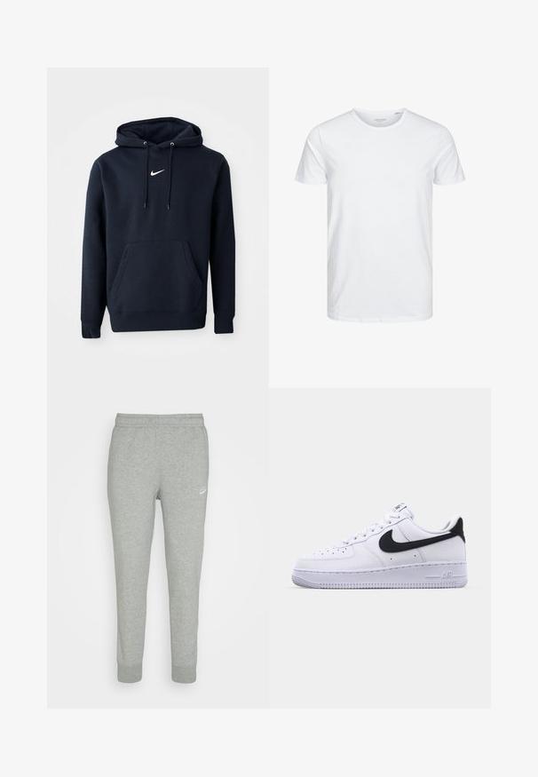 Námořnická modrá mikina s kapucí vyrobená z bavlněné směsi, obsahující klokaní kapsu, šňůrkovou kapuci a bílé logo Nike na hrudi.; Tričko s okrúhlym výstrihom a krátkym rukávom v čistej bielej farbe, vyrobené z jemnej bavlny, má jednoduchý dizajn bez viditeľných vzorov alebo akcentov.; Šedé tepláky z jemnej látky s úzkym strihom, elastickým pásom a malým bielym logom Nike na ľavom stehne.; Biele kožené tenisky s textúrovaným čiernym Swooshom, plochými šnúrkami a gumovou podrážkou s ryhovaným vzorom. Na päte je embosovaný nápis "AIR".
