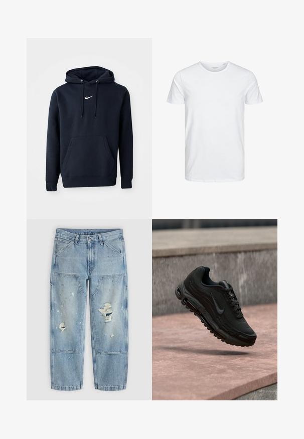 Navyblaue Kapuzenjacke aus einem Baumwollmischgewebe, ausgestattet mit einer Kängurutasche, verstellbarem Kordelzug an der Kapuze und einem weißen Nike-Logo auf der Brust.; Rundhals-T-Shirt mit kurzen Ärmeln in reinem Weiß, aus weicher Baumwolle, mit einem schlichten Design ohne sichtbare Muster oder Akzente.; Hellblaue Denim-Jeans mit Farbspritzern, großen aufgesetzten Fronttaschen und ausgewaschenen Löchern an beiden Beinen, flach auf einem hellen Hintergrund liegend dargestellt.; Schwarzer Nike Air Max Sportschuh, der über einer Steinoberfläche schwebt, vor einem unscharfen Steinwand-Hintergrund.
