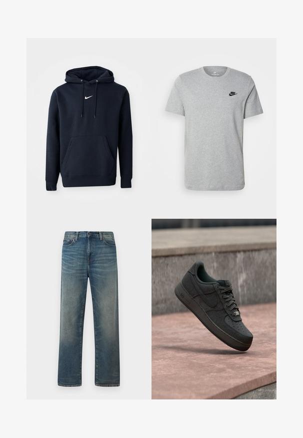 Navyblaue Kapuzenjacke aus einem Baumwollmischgewebe, ausgestattet mit einer Kängurutasche, verstellbarem Kordelzug an der Kapuze und einem weißen Nike-Logo auf der Brust.; Graues T-Shirt mit kurzen Ärmeln aus Baumwolle, mit einem schwarzen Nike-Logo auf der Brust und einem runden Ausschnitt. Minimalistisches Design ohne Muster.; Blaue Jeans mit geradem Bein, verwaschenem Look, vorderer Knopf- und Reißverschluss sowie klassischem Fünf-Taschen-Design.; Schwarzer Nike Air Force 1 Sneaker, der über einer glatten Steinoberfläche mit einer Steinmauer im Hintergrund schwebt.