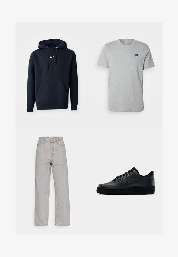 Navy blauwe hoodie gemaakt van een katoenmix, met een kangoeroezak, een verstelbare capuchon en een wit Nike-logo op de borst.; Grijze T-shirt met korte mouwen van katoen, voorzien van een zwart Nike-logo op de borst en een ronde halslijn. Minimalistisch ontwerp zonder patronen.; Lichtgrijze hoge taille spijkerbroek met een relaxte pasvorm, voorzien van vijf zakken en een subtiele textuur. Rechte pijpen en minimale details.; Zwarte Nike Air Force 1 sneaker met een gladde leren bovenkant, geperforeerde neus voor ademend vermogen, zwarte veters en een getextureerde rubberen zool.