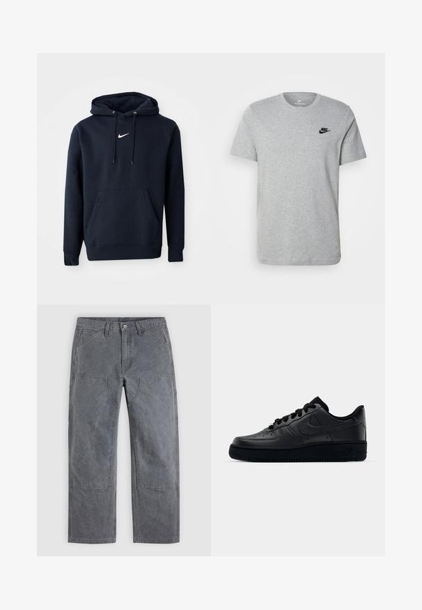 Námořnická modrá mikina s kapucí vyrobená z bavlněné směsi, obsahující klokaní kapsu, šňůrkovou kapuci a bílé logo Nike na hrudi.; Sivý krátky rukáv T-shirt vyrobený z bavlny, s čiernym logom Nike na hrudi a okrúhlym výstrihom. Minimalistický dizajn bez vzorov.; Sivé nohavice rovného strihu s vystuženými náplasťami na kolenách, prednými vreckami a pútkami na opasok, zobrazené na rovnom pozadí.; Čierne tenisky Nike Air Force 1 s hladkým koženým zvrškom, perforovanou špičkou pre priedušnosť, čiernymi šnúrkami a textúrovanou gumovou podrážkou.