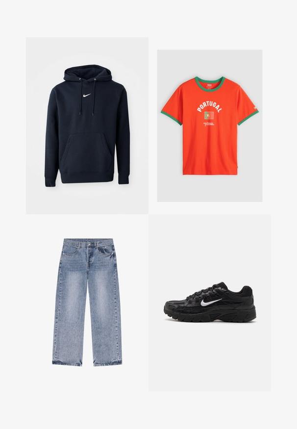 Navy blå hoodie lavet af en bomuldsblanding, med en kængurulomme, snørehuv og et hvidt Nike-logo på brystet.; Lyse orange t-shirt med grøn krave og ærmekanter, "PORTUGAL" tekst, Portugalske flag grafik og Levi's branding på fronten.; Lyseblå straight-leg denimjeans med forlommer, bæltestropper og knaplukning ved taljen.; Sorte atletiske sko med en tekstureret mesh-overdel og gummisål. Ikonisk hvid swoosh-logo på siden, med snørebåndsdesign.