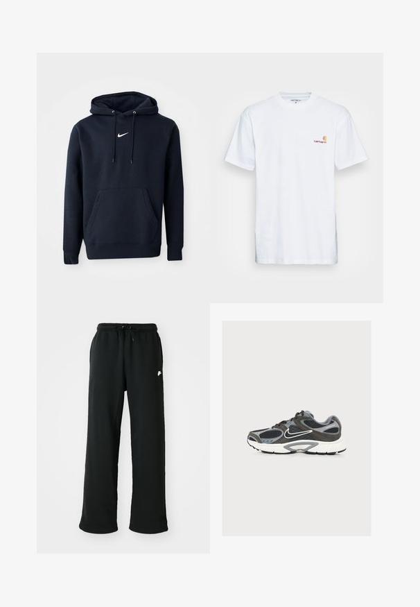 Navy blå hoodie lavet af en bomuldsblanding, med en kængurulomme, snørehuv og et hvidt Nike-logo på brystet.; Hvid bomulds t-shirt med korte ærmer. Designet med et lille orange og maroon logo på venstre bryst. Har en klassisk rund hals.; Sorte joggingbukser lavet af blødt stof, med elastisk talje og justerbar snøring samt et lille logoakcent på siden.; Grå og sort Nike løbesko med hvid sål og swoosh-logo, med mesh- og ruskindspaneler, set fra ydersiden.