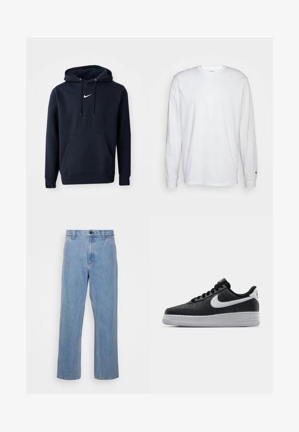 Námořnická modrá mikina s kapucí vyrobená z bavlněné směsi, obsahující klokaní kapsu, šňůrkovou kapuci a bílé logo Nike na hrudi.; Biela dlhá bavlnená tričko s dlhým rukávom. Dizajn s okrúhlym výstrihom a rebrovanými manžetami, malá nášivka na ľavom rukáve. Hladká textura.; Svetlomodré denimové džínsy so straight leg strihom, s gombíkovým zapínaním a pútkami na opasok. Tkanina má jemne vyblednutú textúru.; Čierne kožené tenisky s textúrovaným povrchom, biely Nike swoosh, šedá podrážka, okrúle špičky a šnurovací dizajn. Obsahuje perforácie na špičke.
