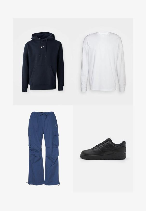 Navy blauwe hoodie gemaakt van een katoenmix, met een kangoeroezak, een verstelbare capuchon en een wit Nike-logo op de borst.; Witte lange mouwen T-shirt van katoen. Ronde hals ontwerp met ribgebreide manchetten en een klein logo op de linkermouw. Gladde textuur.; Blauwe cargobroek van katoen, met een trekkoord in de taille, twee zijzakken en een losse pasvorm met boorden bij de enkels.; Nike Sportswear AIR FORCE 1 07 FLYEASE - Sneakers laag - black