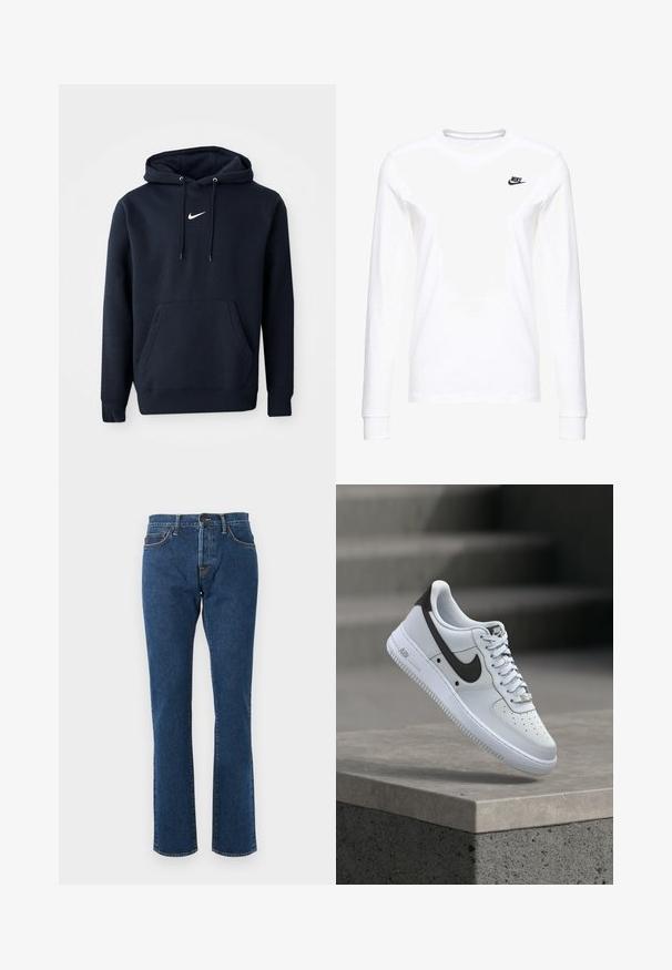 Tumed sinine kapuutsiga sviiter, mis on valmistatud puuvillase segu kangast, millel on känguru tasku, tõmbestringiga kapuuts ja valge Nike logo rinnal.; Valge pikkade varrukatega T-särk, mis on valmistatud puuvillast, vasakul rinnal on väike must Nike logo ja ümar kaelus. Sile tekstuur.; Sirgelised sinised teksapüksid, millel on viis taskut, nööpidega sulgur ja nähtavad õmblused neutraalsel taustal.; Valge Nike Air Force 1 toss musta Swoosh logo jaotuses, hõljub betoonserva kohal, kus taustal on hägused trepid.