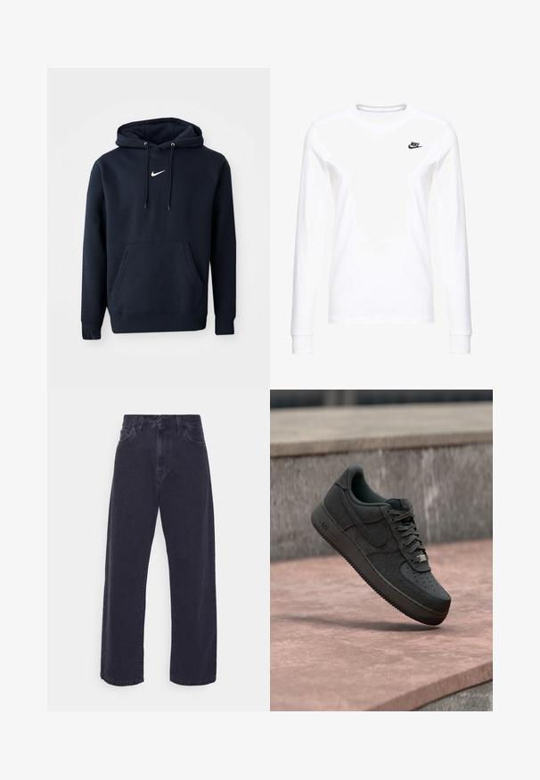Navyblaue Kapuzenjacke aus einem Baumwollmischgewebe, ausgestattet mit einer Kängurutasche, verstellbarem Kordelzug an der Kapuze und einem weißen Nike-Logo auf der Brust.; Weißes Langarm-T-Shirt aus Baumwolle mit kleinem schwarzem Nike-Logo auf der linken Brust und rundem Halsausschnitt. Glatte Textur.; Dunkelblaue Jeans mit weitem Bein, hoher Taille und Fünf-Taschen-Design. Mit einer klassischen Knopf- und Reißverschlussöffnung ausgestattet.; Schwarzer Nike Air Force 1 Sneaker, der über einer glatten Steinoberfläche mit einer Steinmauer im Hintergrund schwebt.