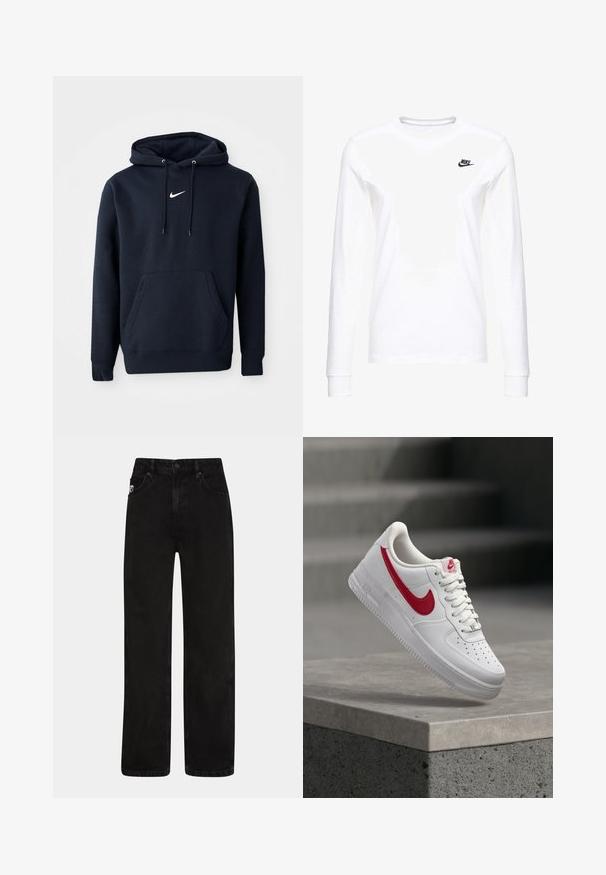 Námořnická modrá mikina s kapucí vyrobená z bavlněné směsi, obsahující klokaní kapsu, šňůrkovou kapuci a bílé logo Nike na hrudi.; Biele dlhé rukávy tričko vyrobené z bavlny, s malým čiernym logom Nike na ľavej hrudi a okrúhlym výstrihom. Hladká textúra.; Čierne džíny z denimu so strihom rovného nohavice, obsahujúce predné vrecká, zapínanie na gombík a jemnú nášivku loga na páse.; Biely Nike Air Force 1 teniska s červeným logom Swoosh vznášajúca sa nad betónovým lemom a schodmi v pozadí.