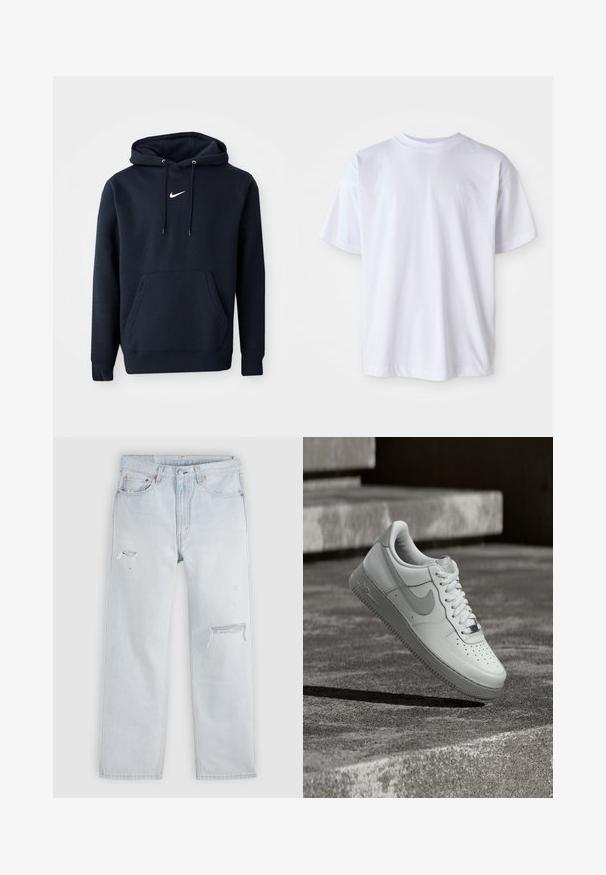Navy blauwe hoodie gemaakt van een katoenmix, met een kangoeroezak, een verstelbare capuchon en een wit Nike-logo op de borst.; Witte katoenen t-shirt met een ronde hals en korte mouwen. Heeft een subtiele logo geborduurd in bijpassende kleur op de linkerborst.; Lichtblauwe denim jeans met een rechte pasvorm, voorzien van verweerde details en rafelige plekken. Standaard ontwerp met vijf zakken en metalen klinknagels.; Witte Nike Air Force 1 sneaker zwevend boven een geribbelde betonnen ondergrond met stenen traptreden op de achtergrond.