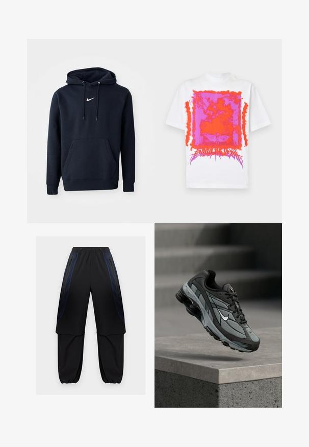 Navy sininen huppari, joka on valmistettu puuvillasekoitteesta. Siinä on kenguru-tasku, nyörihuppu ja valkoinen Nike-logo rinnassa.; Valkoinen lyhythihainen T-paita, jossa kirkkaan pinkki ja oranssi abstrakti suorakulmainen graafinen kuvio ja tyylitelty teksti etupuolen alaosassa keskellä.; Mustat ja tummansiniset cargo-housut, joissa on joustava vyötärönauha ja resorit lahkeensuissa, vetoketjulliset sivutaskut sekä kerrokselliset kangaspaneelit reisissä.; Harmaa ja musta urheilukenkä, jossa on verkkopaneelit ja paksu pohja, ilmassa betonisen reunuksen ja portaitten yläpuolella taustalla.