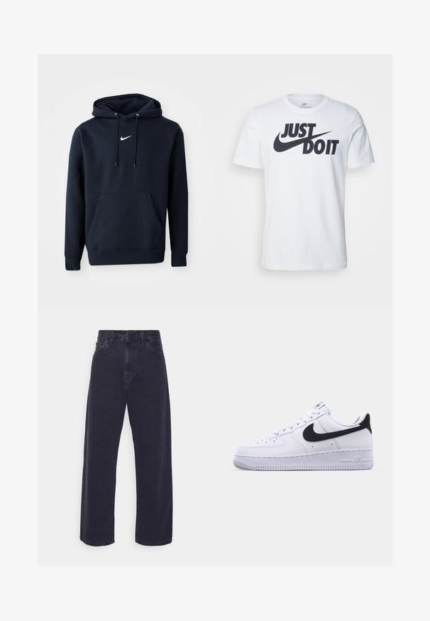 Navyblaue Kapuzenjacke aus einem Baumwollmischgewebe, ausgestattet mit einer Kängurutasche, verstellbarem Kordelzug an der Kapuze und einem weißen Nike-Logo auf der Brust.; Weißes Baumwoll-T-Shirt mit einem auffälligen schwarzen "Just Do It"-Logo und Nike-Swoosh. Klassisches Rundhalsausschnitt-Design mit kurzen Ärmeln.; Dunkelblaue Jeans mit weitem Bein, hoher Taille und Fünf-Taschen-Design. Mit einer klassischen Knopf- und Reißverschlussöffnung ausgestattet.; Weißes Leder-Sneaker mit einem strukturierten schwarzen Swoosh, flachen Schnürsenkeln und einer Gummisohle mit genoppetem Muster. "AIR" ist auf der Ferse eingeprägt.