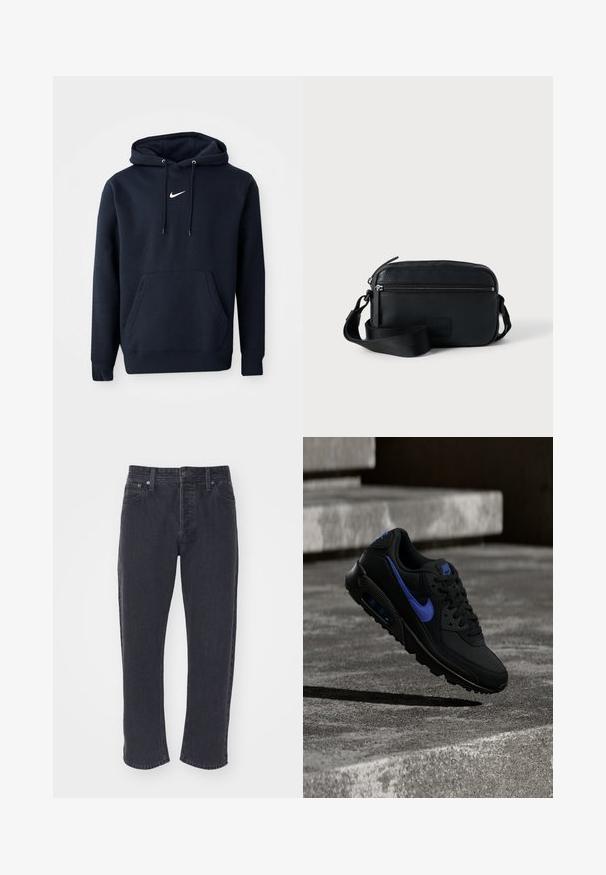 Navy sininen huppari, joka on valmistettu puuvillasekoitteesta. Siinä on kenguru-tasku, nyörihuppu ja valkoinen Nike-logo rinnassa.; Tummanharmaat farkut suoraan leikkauksella, viisi taskua ja metalliosat. Ominaisuuksiin kuuluu kontrastivärinen ompelu ja hieman haalistunut pinta.; Mustissa Nike-tennareissa on sininen korostus sivulla karkealla kuviolla, korotettu kanta ja näkyvä ilmatyynyelementti.; Musta, teksturoitu nahkainen olkalaukku säädettävällä hihnalla, vetoketjullisilla osioilla ja hillityllä brändätyllä merkinnällä edessä.
