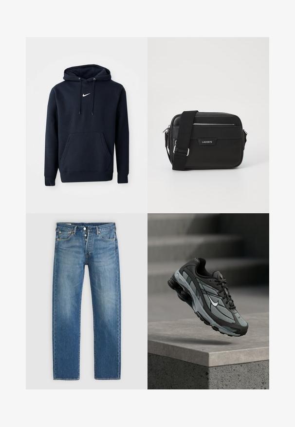 Navy blå hoodie lavet af en bomuldsblanding, med en kængurulomme, snørehuv og et hvidt Nike-logo på brystet.; Lysblå denim jeans med lige pasform, der har fem lommer, metalknaplukning og kontrastgule syninger.; Grå og sort atletiksko med meshpaneler og tyk sål, placeret i luften over en betonliste med trapper i baggrunden.; Sort messenger taske lavet af struktureret syntetisk materiale, med sølvhardware, justerbar rem og med et frontlogo-plakette samt lynlås lukning.