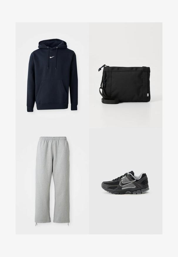 Navy blå hoodie lavet af en bomuldsblanding, med en kængurulomme, snørehuv og et hvidt Nike-logo på brystet.; Grå sweatpants med elastisk talje, lige ben og snoretræk ved kanten. Fremstillet af blødt, struktureret stof.; Sort atletiksko med meshpaneler og syntetiske detaljer. Har en rundet tå, tyk polstret sål og kontrasterende hvide logodetaljer.; Sort stof skuldertaske med en struktureret overflade, justerbar rem og snørelukning. Har kraftige syninger og et sideetiket.