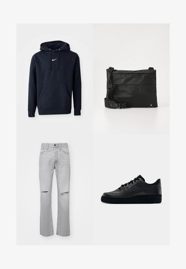 Navyblaue Kapuzenjacke aus einem Baumwollmischgewebe, ausgestattet mit einer Kängurutasche, verstellbarem Kordelzug an der Kapuze und einem weißen Nike-Logo auf der Brust.; Graue Jeans aus Denim mit geradem Schnitt, ausgestattet mit zwei Knie-Rissen, klassischem Fünf-Taschen-Design und einem Reißverschluss mit Knopfverschluss.; Schwarzer Nike Air Force 1 Schuh mit einem glatten Lederoberteil, perforierter Zehenpartie für Atmungsaktivität, schwarzen Schnürsenkeln und einer strukturierten Gummisohle.; Schwarze Nylon-Umhängetasche mit verstellbarem Riemen, flachem Design und seitlichem Etikett mit Logo. Glatte Textur und minimalistischer Stil.