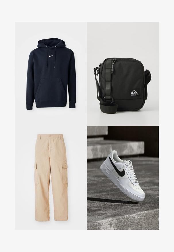 Navyblaue Kapuzenjacke aus einem Baumwollmischgewebe, ausgestattet mit einer Kängurutasche, verstellbarem Kordelzug an der Kapuze und einem weißen Nike-Logo auf der Brust.; Beige Cargo-Hose mit lockerer Passform, aus leichtem Stoff gefertigt, mit zwei seitlichen Cargo-Taschen und einem Knopfverschluss an der Taille.; Weißer Nike Air Force 1 Sneaker mit schwarzem Swoosh, geschnürten Schnürsenkeln, schwebend in der Luft über einer strukturierten Betonoberfläche im Freien.; Kompakte schwarze Umhängetasche mit verstellbarem Schultergurt, vorderer Reißverschlusstasche und einem kleinen weißen Quiksilver-Logopatch.