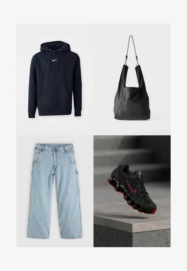 Navyblaue Kapuzenjacke aus einem Baumwollmischgewebe, ausgestattet mit einer Kängurutasche, verstellbarem Kordelzug an der Kapuze und einem weißen Nike-Logo auf der Brust.; Hellblaue Jeans mit geradem Bein, Vordertaschen, Gürtelschlaufen, Knopfverschluss und einer seitlichen Werkzeugschlaufe.; Schwarzer und roter Nike-Sportschuh mit sichtbarer federartiger Sohle, der auf der Kante einer Betonstufe balanciert.; Schwarze weiche Stofftragetasche mit breiten Griffen und einem dünnen schwarz-weißen geflochtenen Schulterriemen.