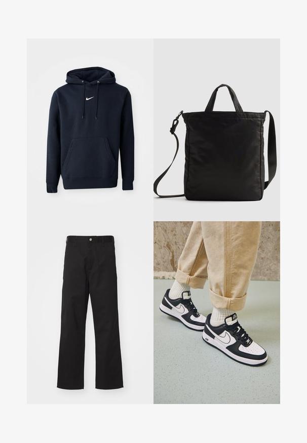 Navyblaue Kapuzenjacke aus einem Baumwollmischgewebe, ausgestattet mit einer Kängurutasche, verstellbarem Kordelzug an der Kapuze und einem weißen Nike-Logo auf der Brust.; Schwarze Hose aus strapazierfähigem Material mit geradem Schnitt, ausgestattet mit einem vorderen Knopfverschluss, Gürtelschlaufen und ohne sichtbare Muster oder Akzente.; Schwarz-weiße Nike Air Force 1 Sneaker mit einem Obermaterial aus Leder, perforierter Zehenpartie und strukturiertem Sohlendesign, getragen mit aufgerollten beigen Hosen und weißen Socken.; Schwarze Nylon-Tote-Bag mit kurzen Griffen und einem abnehmbaren Schultergurt, die ein elegantes, gestepptes Design und minimale Hardware-Details aufweist.