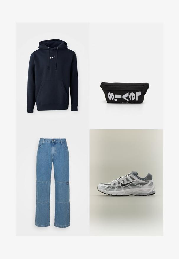 Navyblaue Kapuzenjacke aus einem Baumwollmischgewebe, ausgestattet mit einer Kängurutasche, verstellbarem Kordelzug an der Kapuze und einem weißen Nike-Logo auf der Brust.; Helle blaue Jeans aus Denim mit lockerer Passform, ausgestattet mit Patchwork-Einsätzen, Knopfverschluss, Fünf-Taschen-Design und dezentem Branding am Bein.; Weißer und grauer Nike P-6000 Sneaker mit schwarzem Swoosh, Netzpaneelen und strukturierter Sohle, seitlich auf neutralem Hintergrund dargestellt.; Schwarze Stofftasche mit flacher Form, mit fettgedrucktem weißen Text. Der Reißverschluss befindet sich oben, mit einer Schlaufe an einer Seite.