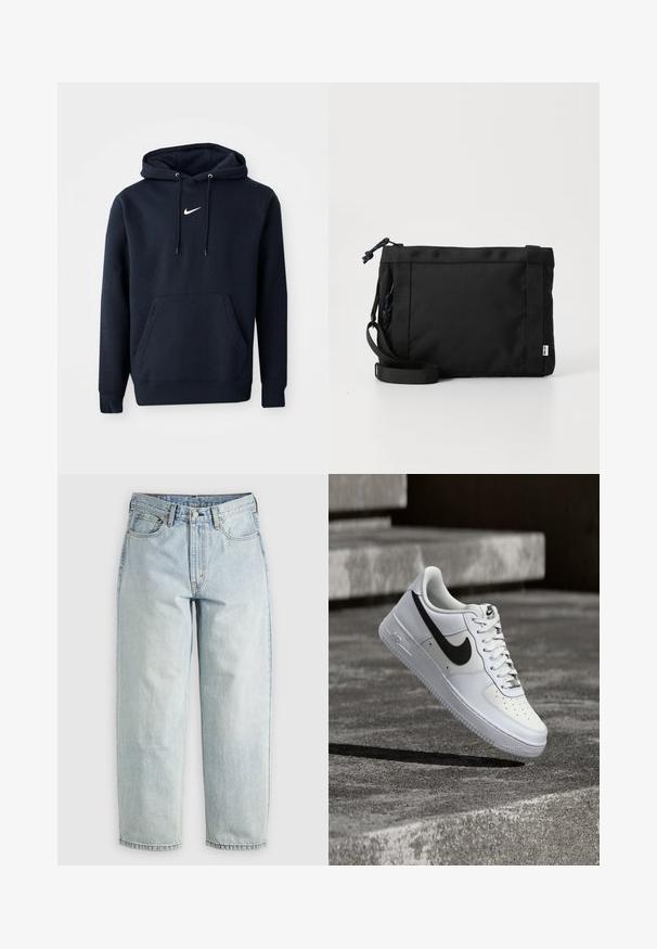 Námořnická modrá mikina s kapucí vyrobená z bavlněné směsi, obsahující klokaní kapsu, šňůrkovou kapuci a bílé logo Nike na hrudi.; Svetlomodré džínsy s rovnými nohavicami, piatimi vreckami a zapínaním na gombíky; majú vyblednuté miesta a jemné švy.; Biela teniska Nike Air Force 1 s čiernym logom swoosh, zaviazanými šnúrkami, umiestnená vo vzduchu nad textúrovaným betónovým povrchom vonku.; Čierna textilná ramenná taška s textúrovaným povrchom, nastaviteľným pásom a sťahovaním. Vyznačuje sa výrazným prešívaním a bočným štítkom.