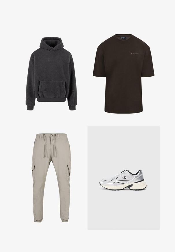 Fleece hoodie i mørkegrå med en tekstureret overflade, en kangaroo-lomme og ribbede manchetter og kant. Har et lille logo på brystet.; Brun bomulds t-shirt med rund halsudskæring, korte ærmer, og et lille "DropSize"-logo broderet i lys farve på brystet.; Beige cargo bukser lavet af letvægtsstof, med elastisk talje, snoretræk og to sidelommer.; Sølv atletik sko med mesh-detaljer, sort trim og en tekstureret sål. Har logoet "cK" på siden og et moderne design.
