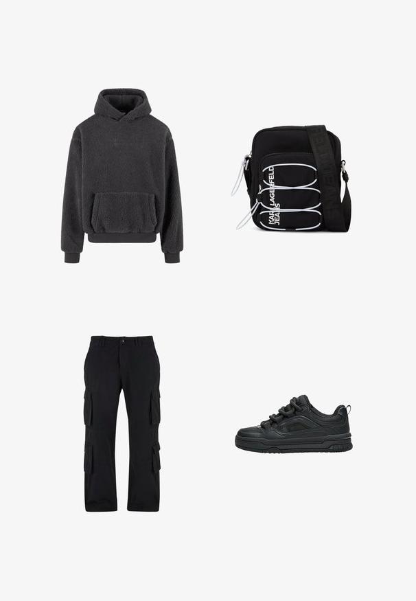 Fleece hoodie in donkergrijs met een gestructureerd oppervlak, een kangaroozak en ribgebreide cuffs en zoom. Heeft een klein logo op de borst.; Zwarte cargobroek van katoen, met meerdere zijzakken, een relaxte pasvorm en een rechte pijp.; Zwarte lage sneaker met dikke zool, gevoerde kraag, meshpanelen en dikke veters, afgebeeld tegen een witte achtergrond.; Zwarte crossbodytas met witte elastische lussen, ritstrekken en witte tekst "KARL LAGERFELD JEANS" op het voorvak.