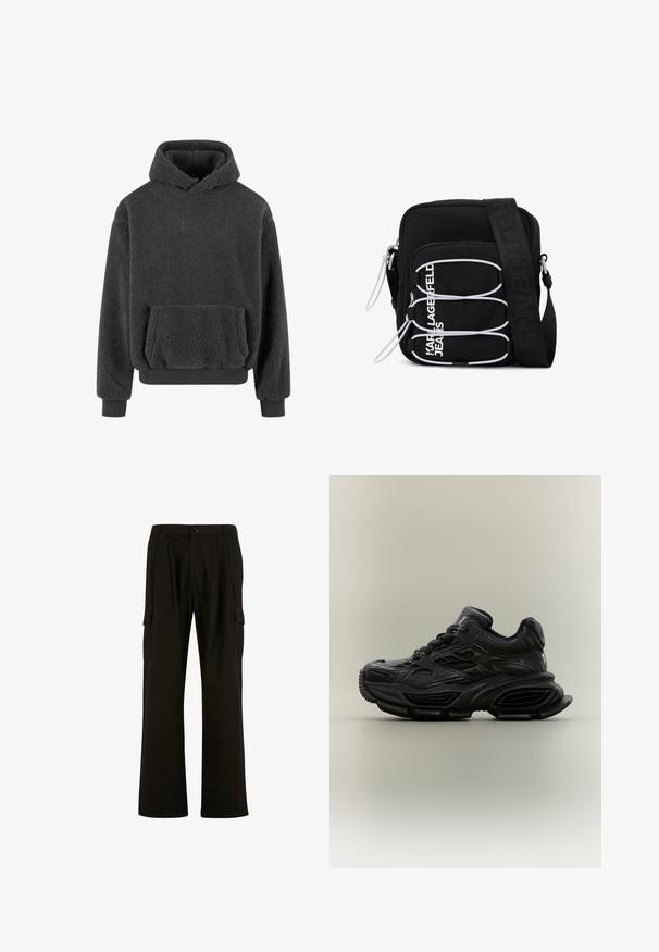 Fleece hoodie i mørkegrå med en tekstureret overflade, en kangaroo-lomme og ribbede manchetter og kant. Har et lille logo på brystet.; Urban Classics WIDE - Cargobukser - black; Sort chunky sneaker med tekstureret design, tyk sål og snørelukning vist mod en almindelig neutral baggrund.; Sort skuldertaske med hvide elastiske løkker, lynlåstræk og hvid "KARL LAGERFELD JEANS" tekst på frontlommen.